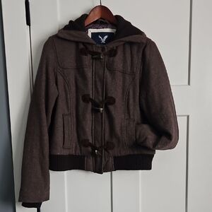 AEO Brown Herringbone Bomber Jacket, Size Large